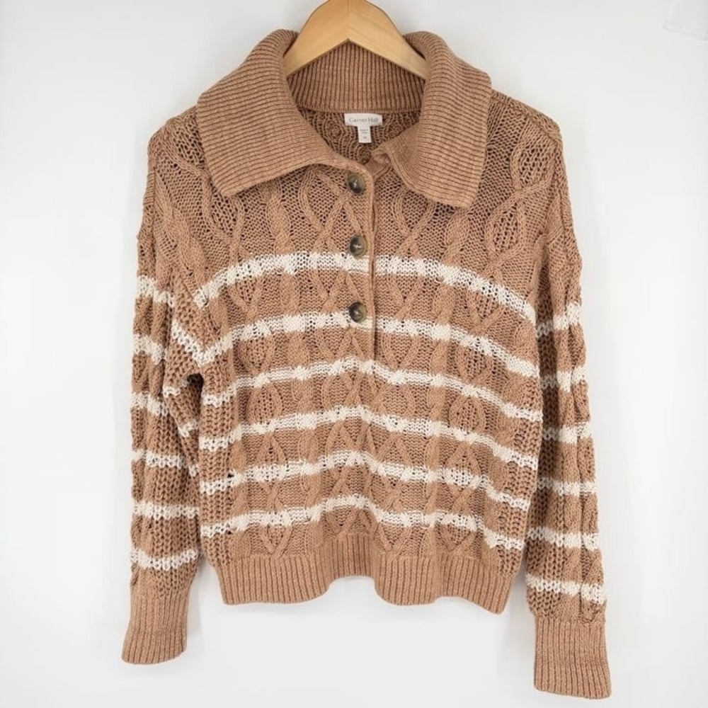 NEW Garnet Hill Cable Knit Sweater Womens M Brown Stripe Linen Cotton Fisherman